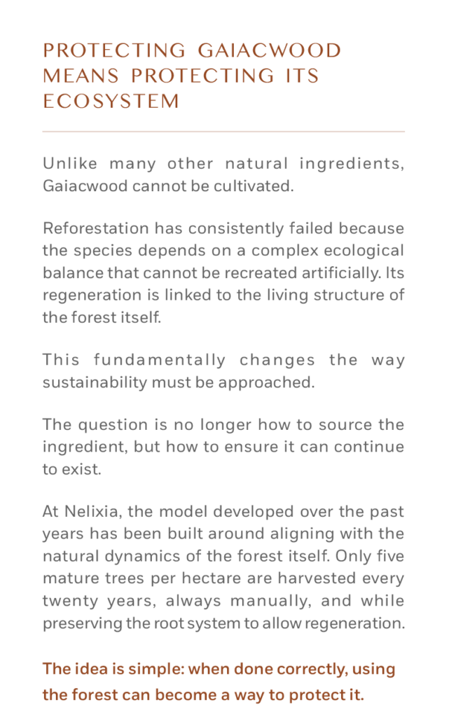 PROTECTING GAIACWOOD MEANS PROTECTING ITS ECOSYSTEM Unlike many other natural ingredients, Gaiacwood cannot be cultivated. Reforestation has consistently failed because the species depends on a complex ecological balance that cannot be recreated artificially. Its regeneration is linked to the living structure of the forest itself. This fundamentally changes the way sustainability must be approached. The question is no longer how to source the ingredient, but how to ensure it can continue to exist. At Nelixia, the model developed over the past years has been built around aligning with the natural dynamics of the forest itself. Only five mature trees per hectare are harvested every twenty years, always manually, and while preserving the root system to allow regeneration. The idea is simple: when done correctly, using the forest can become a way to protect it.